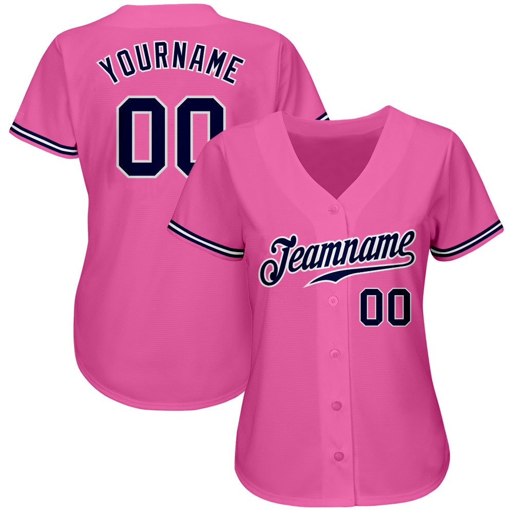 Custom Pink Navy-White Authentic Baseball Jersey view 2
