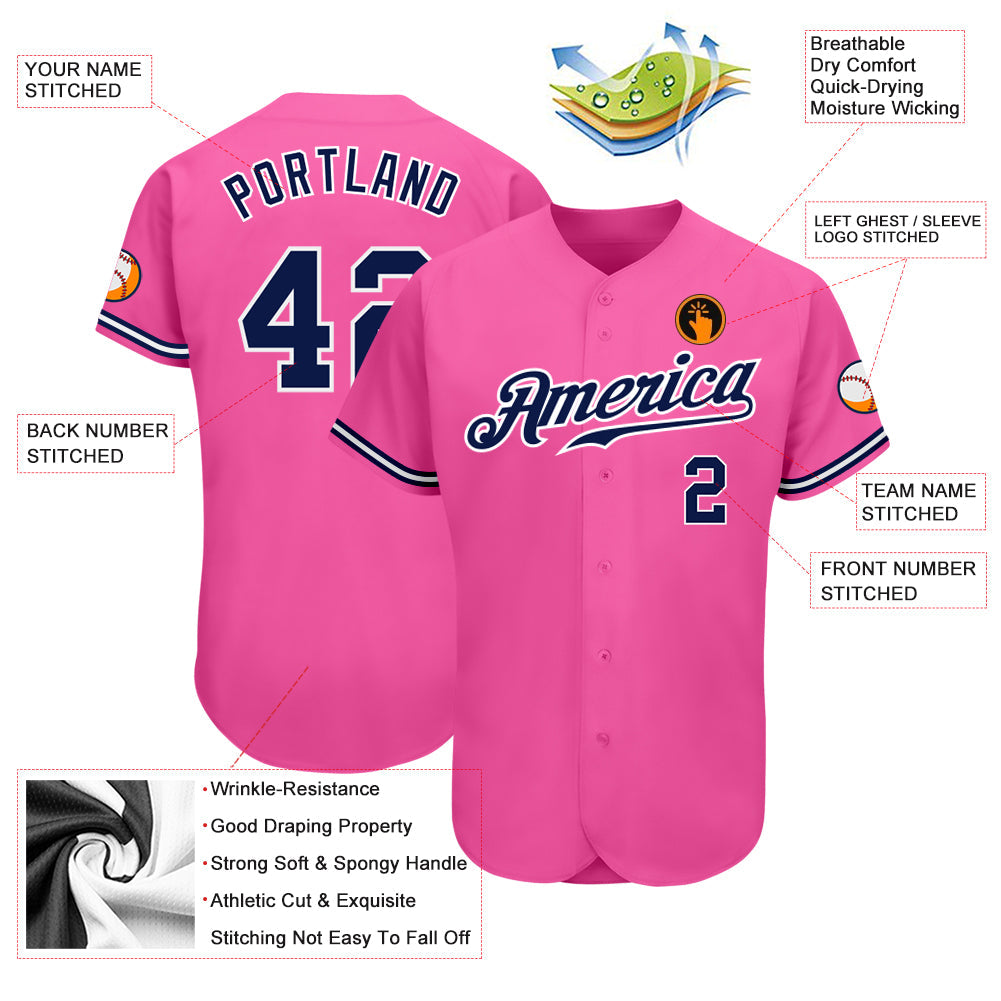 Custom Pink Navy-White Authentic Baseball Jersey view 3