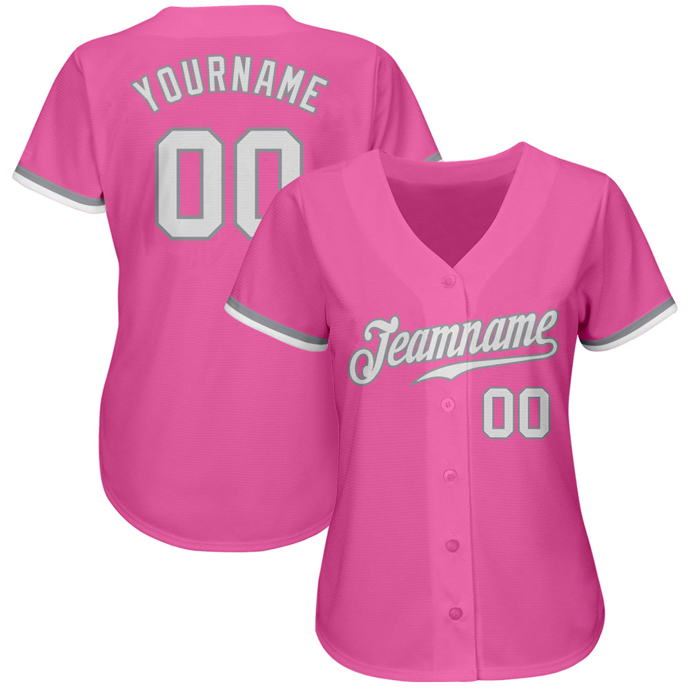 Custom Pink White-Gray Authentic Baseball Jersey view 2