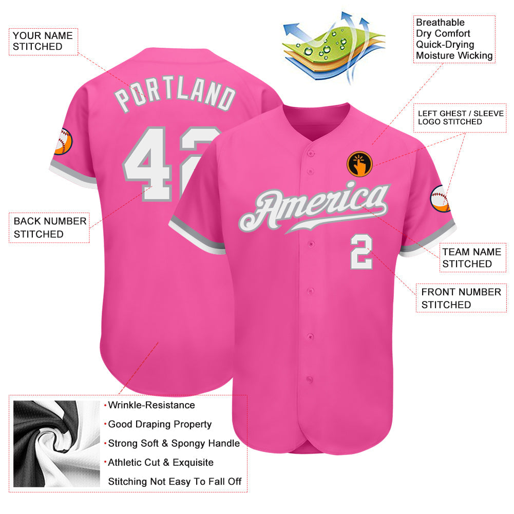 Custom Pink White-Gray Authentic Baseball Jersey view 3