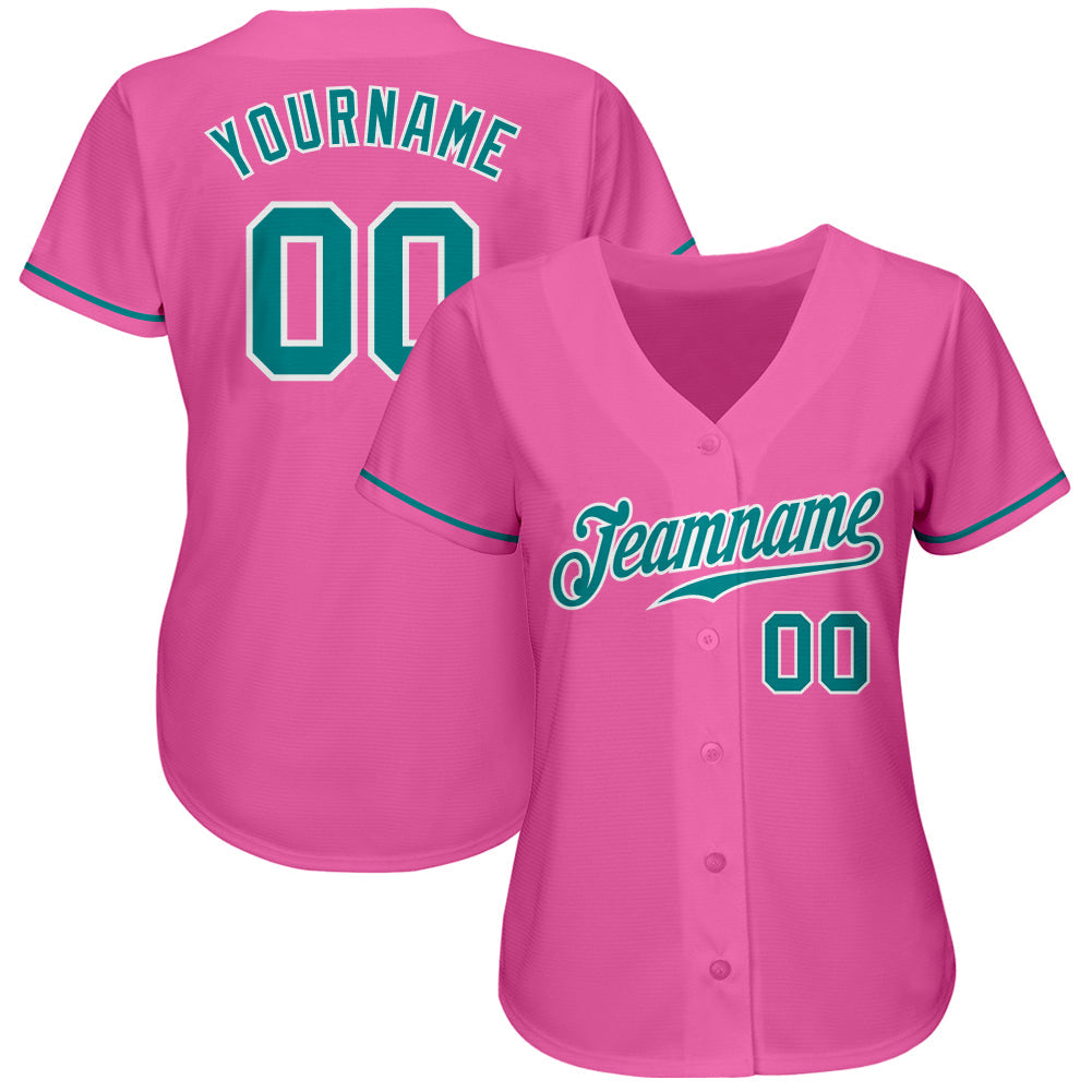 Custom Pink Teal-White Authentic Baseball Jersey view 2