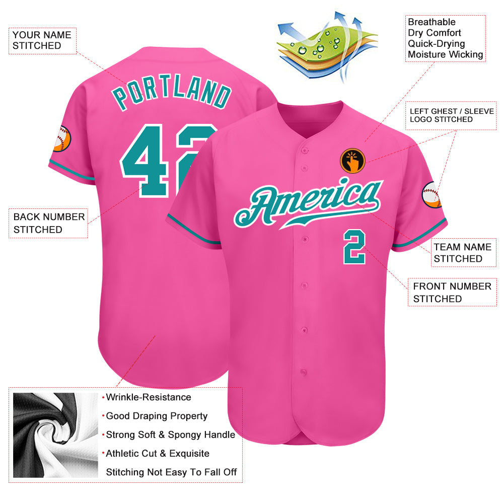 Custom Pink Teal-White Authentic Baseball Jersey view 3