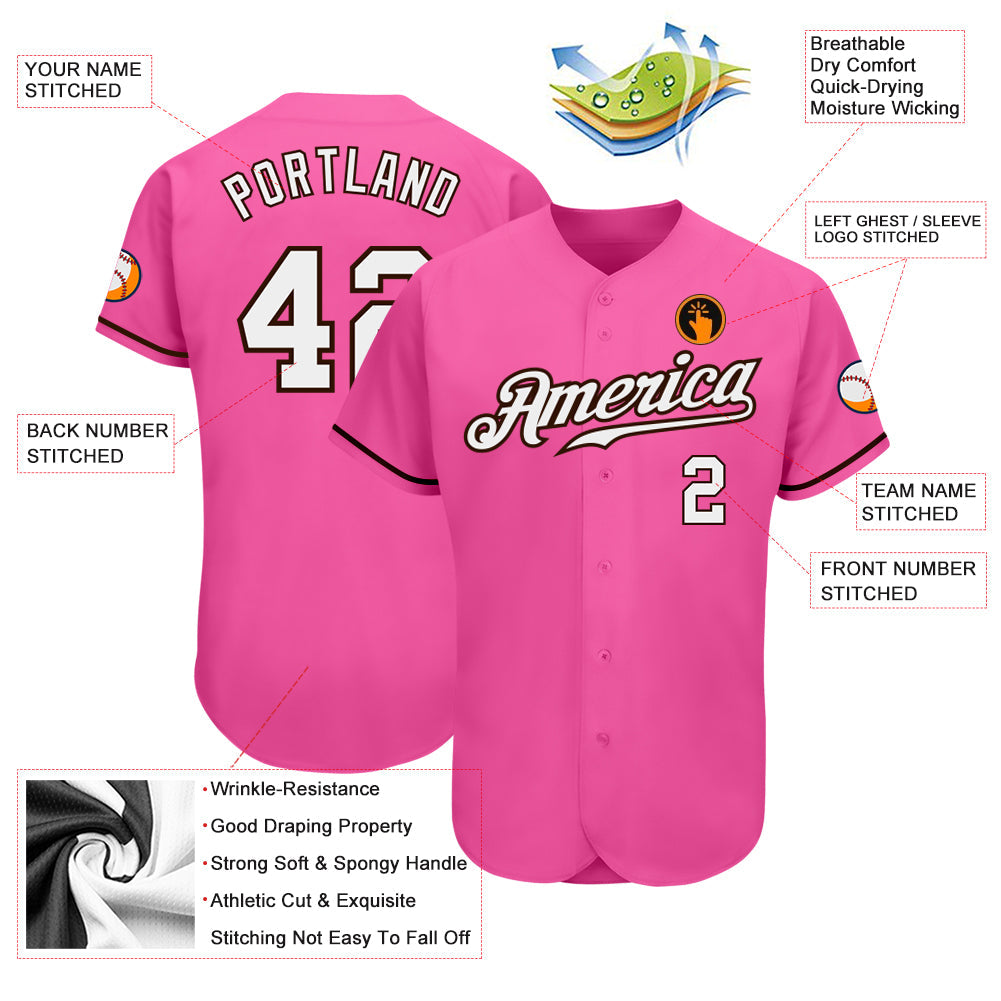 Custom Pink White-Brown Authentic Baseball Jersey view 3