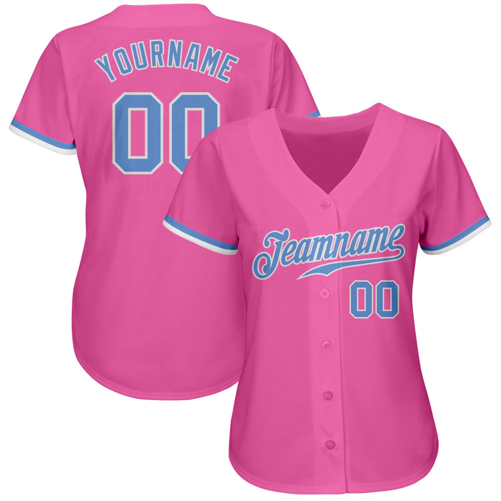 Custom Pink Light Blue-White Authentic Baseball Jersey view 2