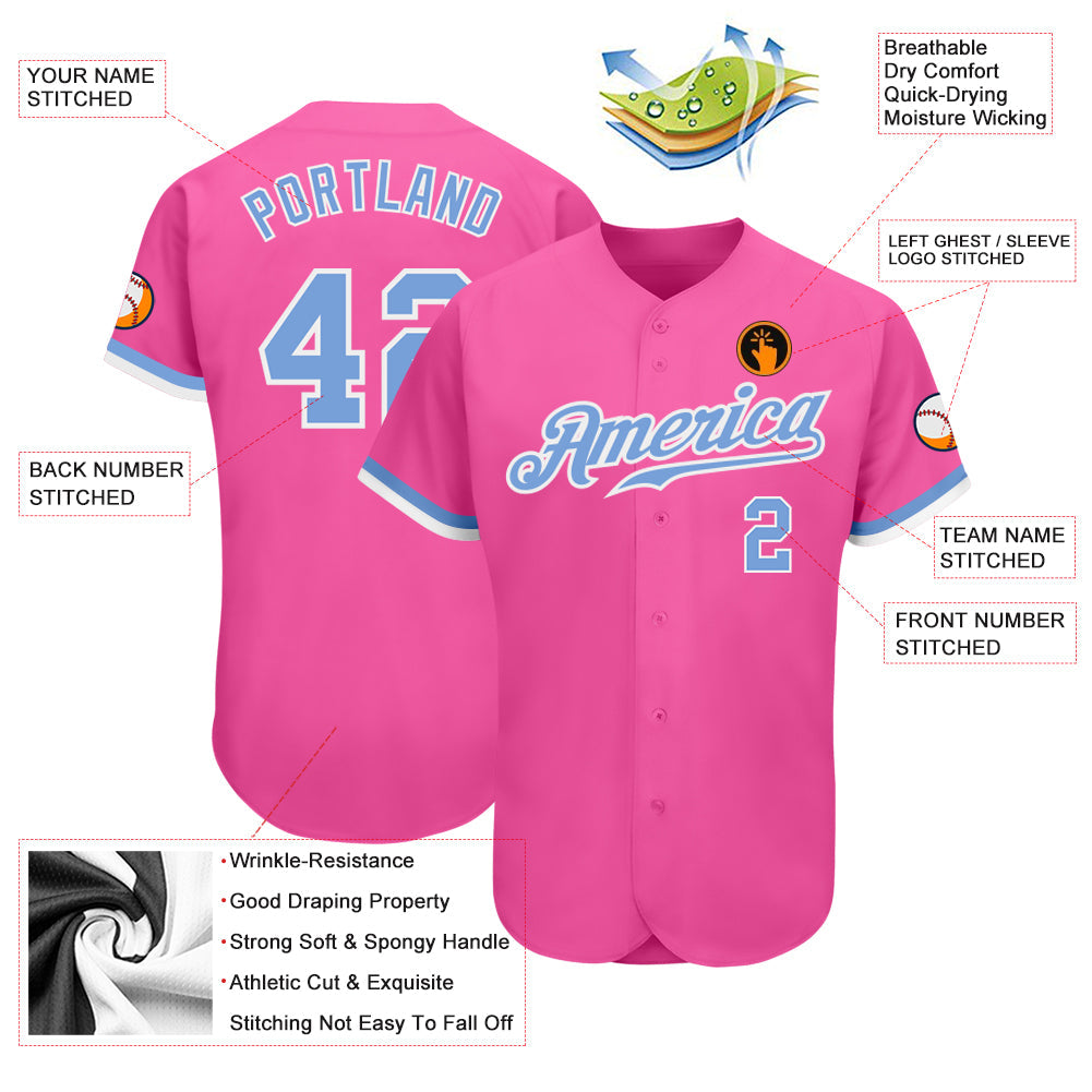 Custom Pink Light Blue-White Authentic Baseball Jersey view 3