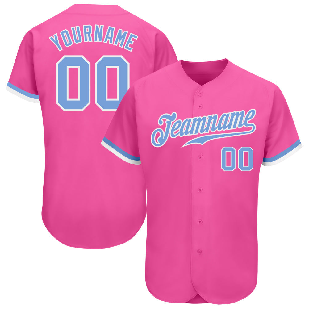 Custom Pink Light Blue-White Authentic Baseball Jersey - Main View