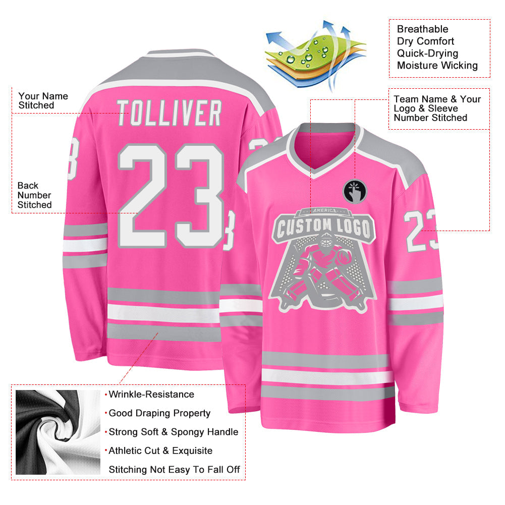 Custom Pink White-Gray Hockey Jersey view 3