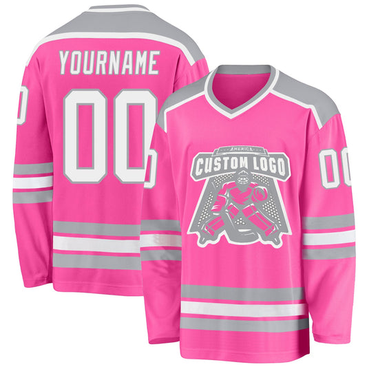 Custom Pink White-Gray Hockey Jersey - Main View