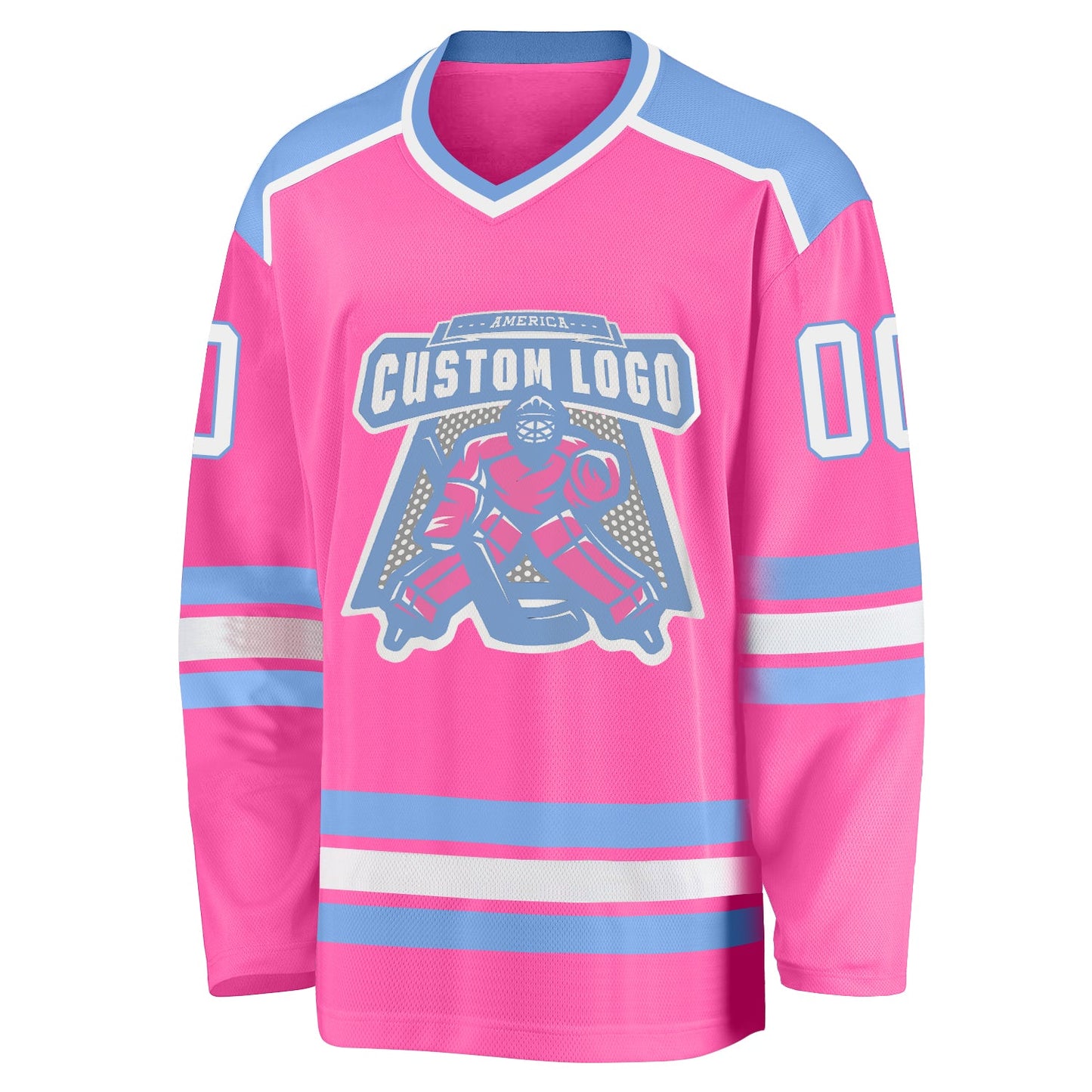 Custom Pink White-Light Blue Hockey Jersey view 2