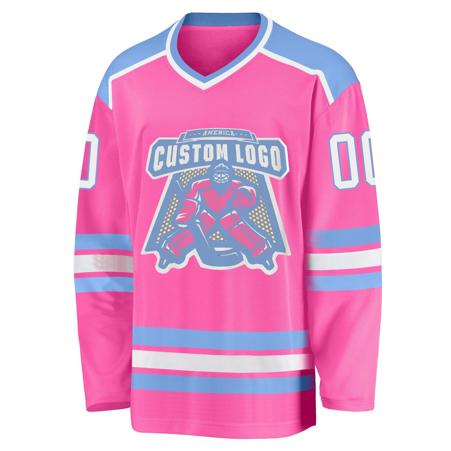 Custom Pink White-Light Blue Hockey Jersey view 2