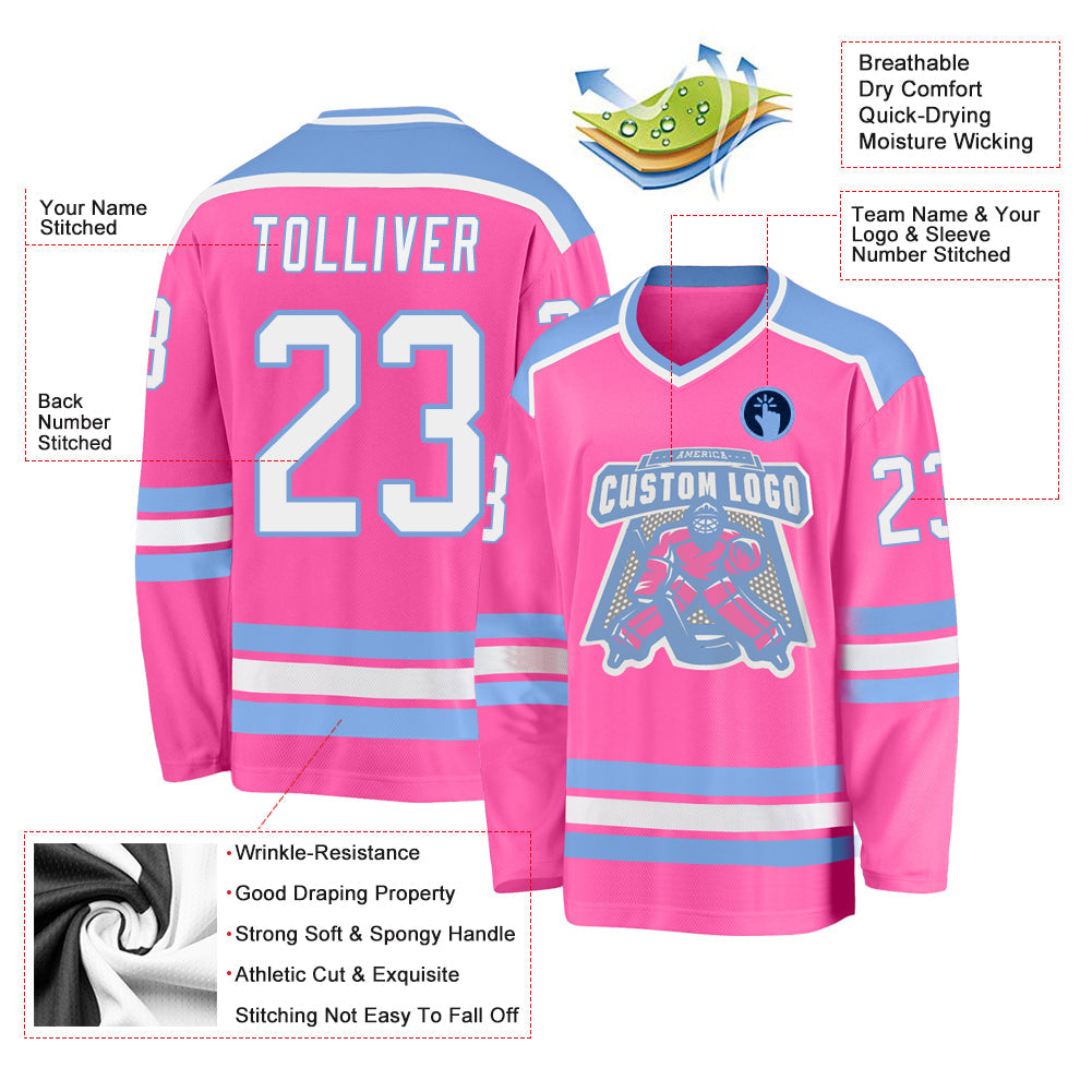 Custom Pink White-Light Blue Hockey Jersey view 3