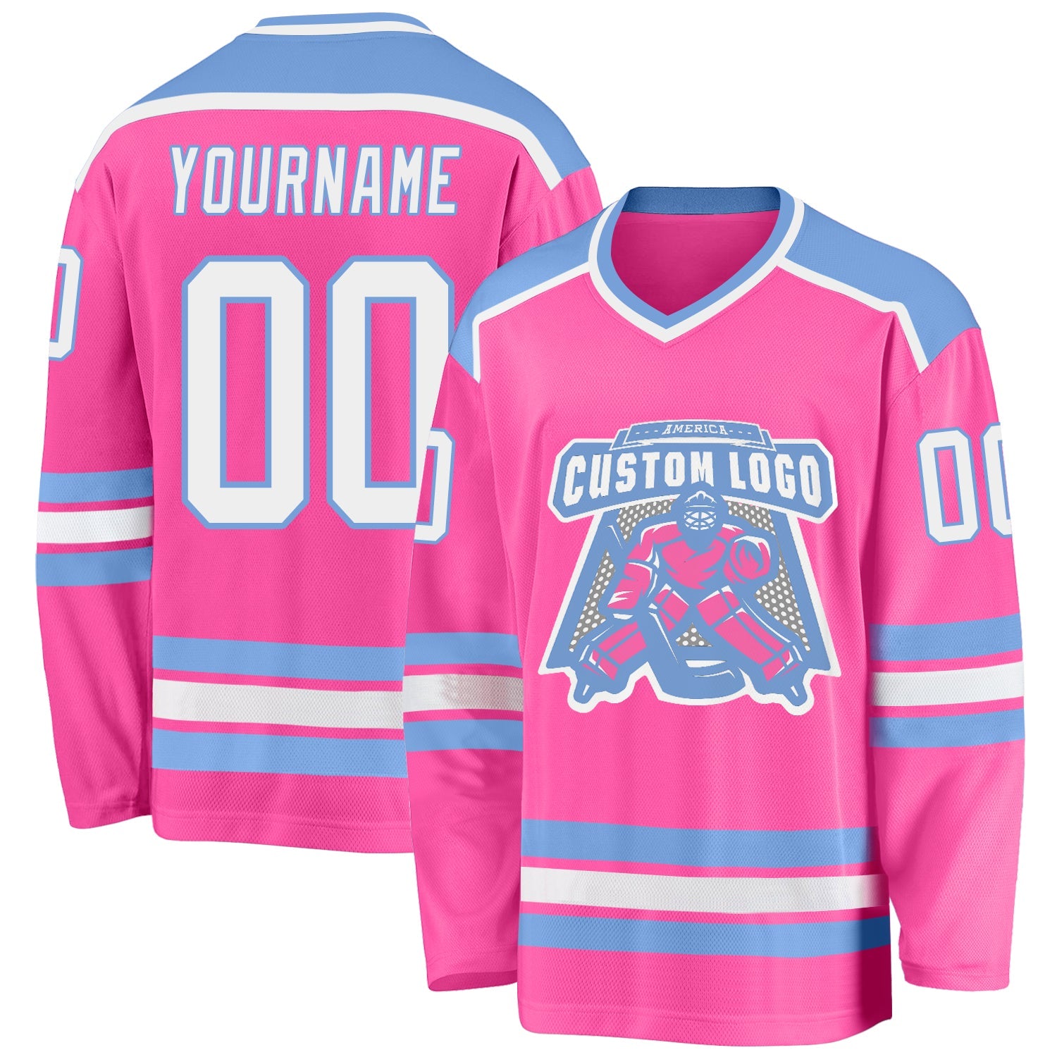 Custom Pink White-Light Blue Hockey Jersey - Main View