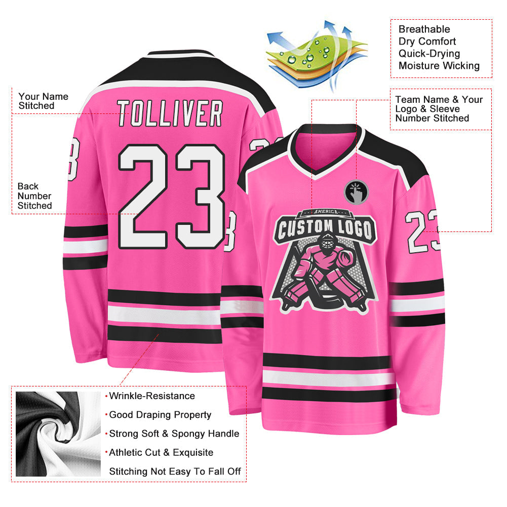 Custom Pink White-Black Hockey Jersey view 3