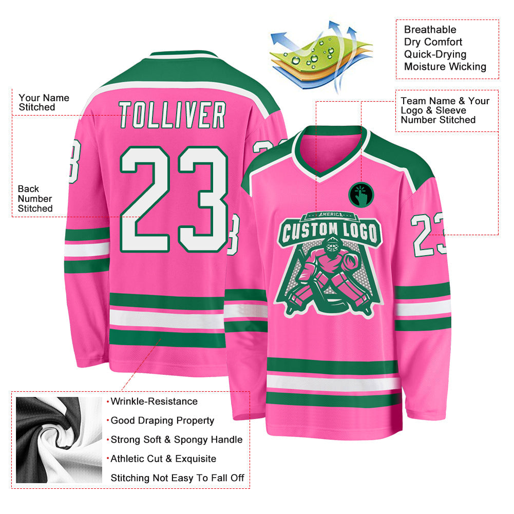 Custom Pink White-Kelly Green Hockey Jersey view 3