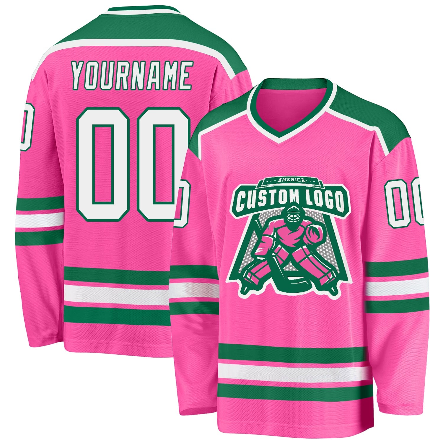 Custom Pink White-Kelly Green Hockey Jersey - Main View