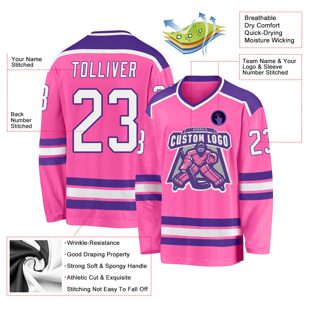 Custom Pink White-Purple Hockey Jersey view 3