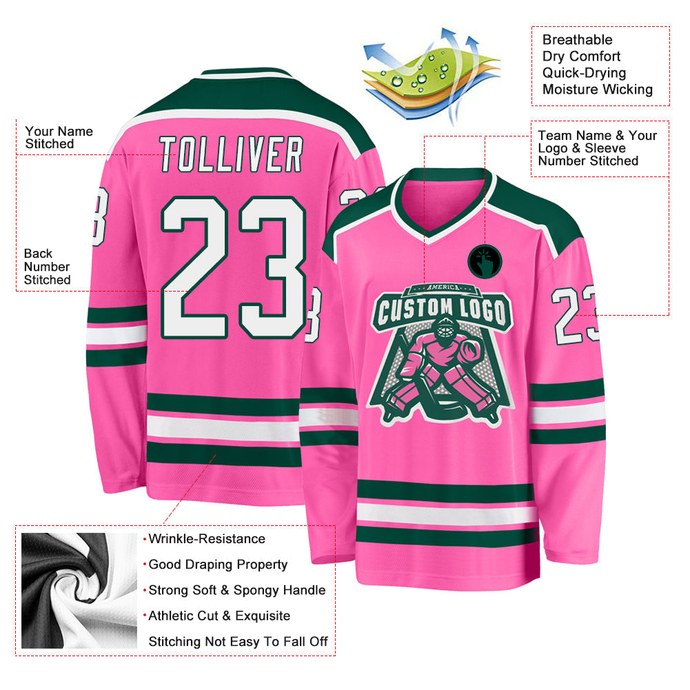 Custom Pink White-Green Hockey Jersey view 3