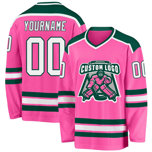 Custom Pink White-Green Hockey Jersey - Main View