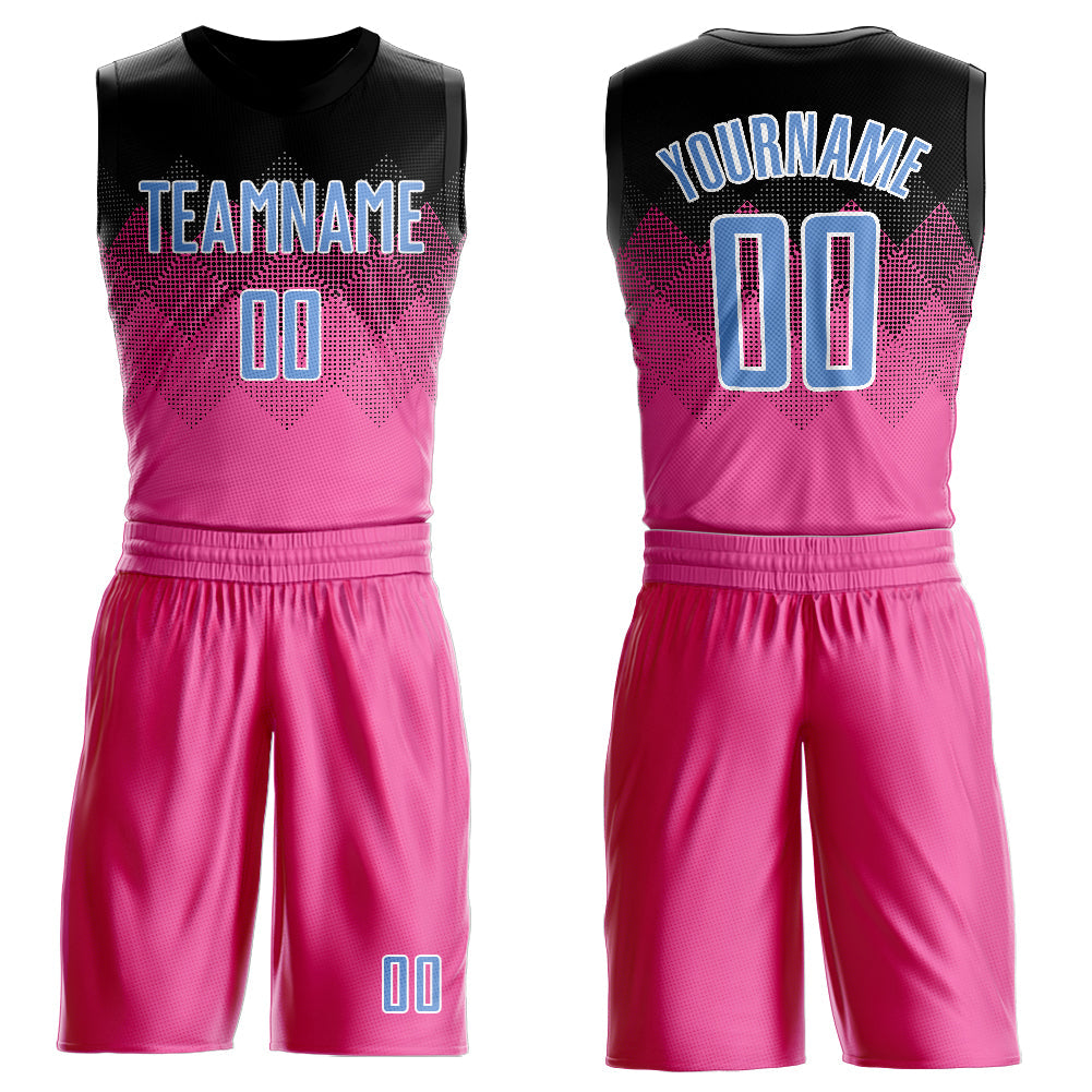 Custom Pink Light Blue Black-White Round Neck Sublimation Basketball Uniform Jersey - Main View