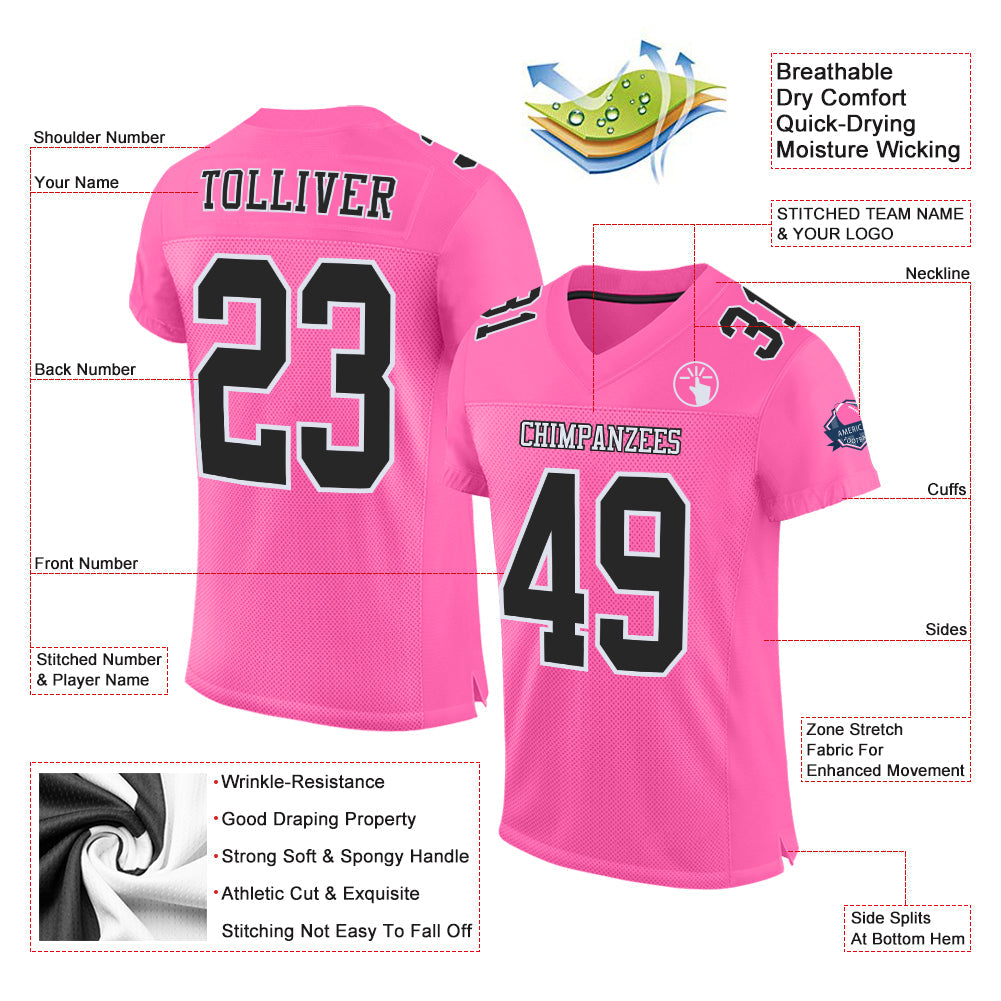 Custom Pink Black-White Mesh Authentic Football Jersey view 2
