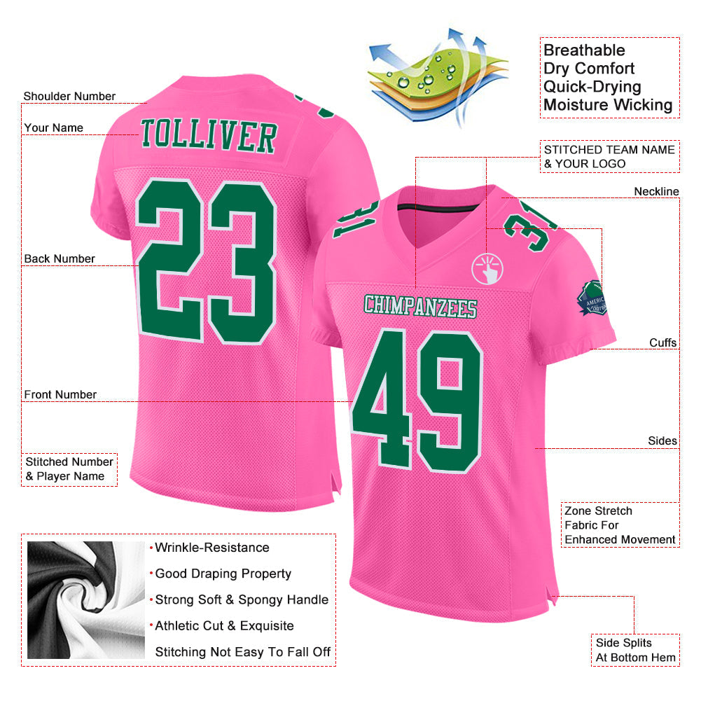Custom Pink Kelly Green-White Mesh Authentic Football Jersey view 2
