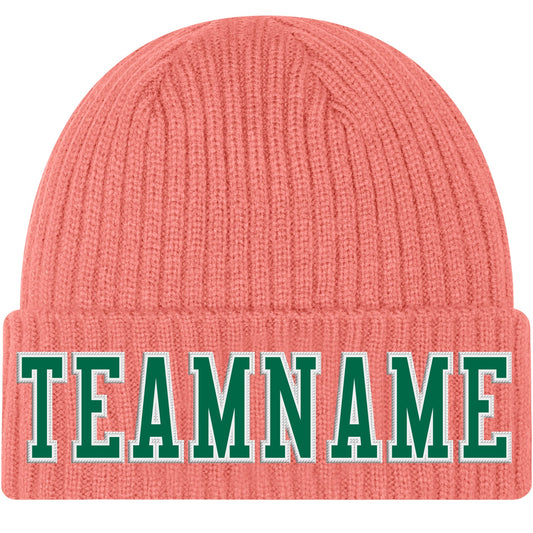 Custom Pink Kelly Green-White Stitched Cuffed Knit Hat - Main View
