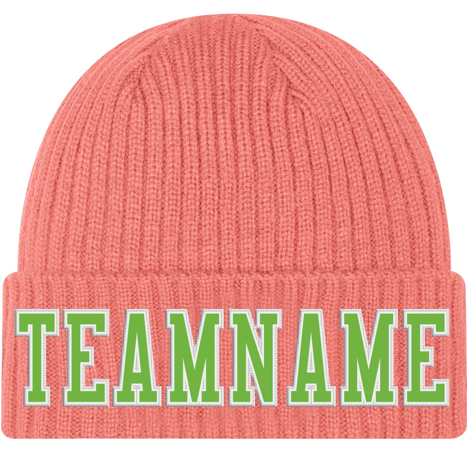 Custom Pink Neon Green-White Stitched Cuffed Knit Hat - Main View