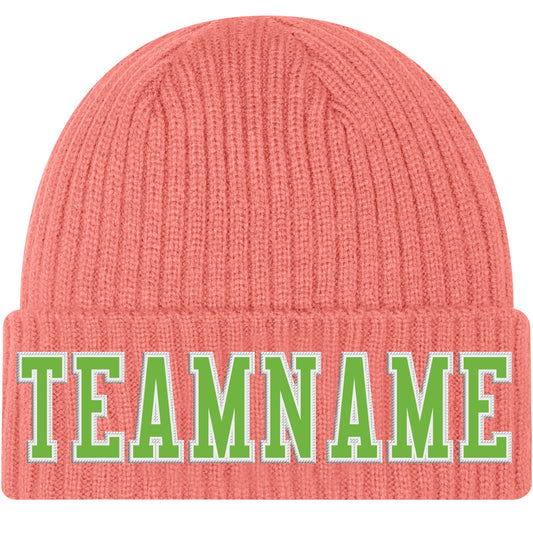 Custom Pink Neon Green-White Stitched Cuffed Knit Hat - Main View
