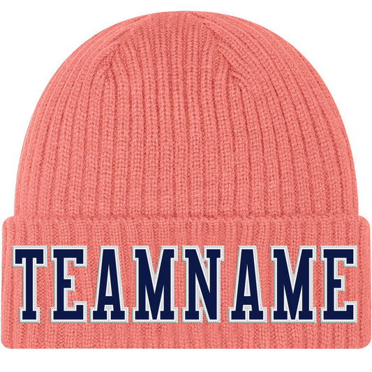 Custom Pink Navy-White Stitched Cuffed Knit Hat - Main View
