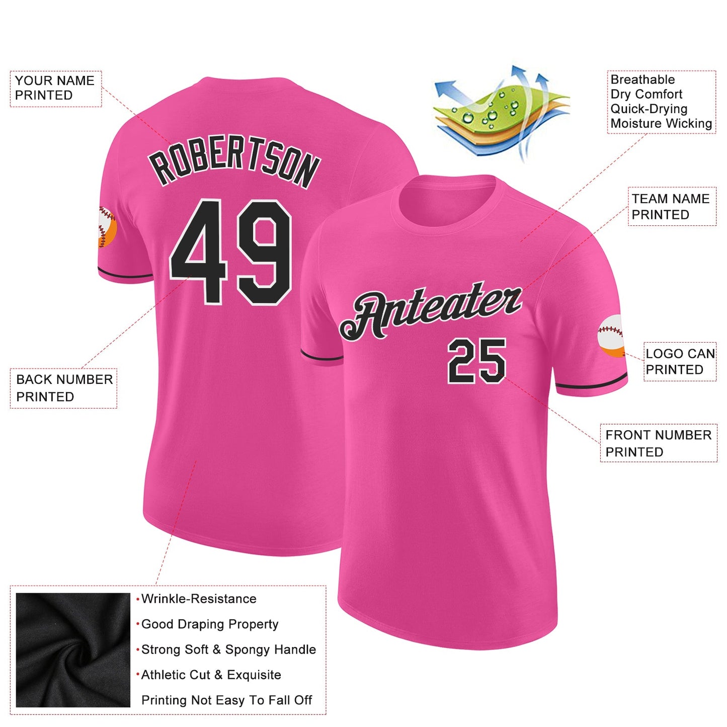 Custom Pink Black-White Performance T-Shirt view 2