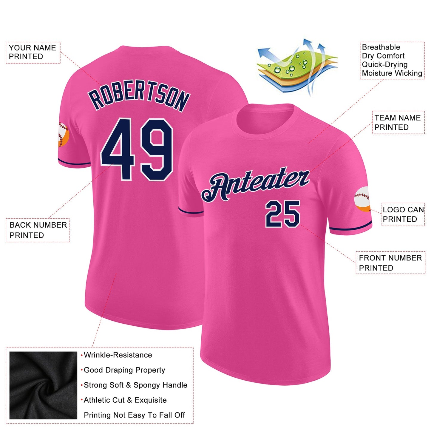 Custom Pink Navy-White Performance T-Shirt view 2