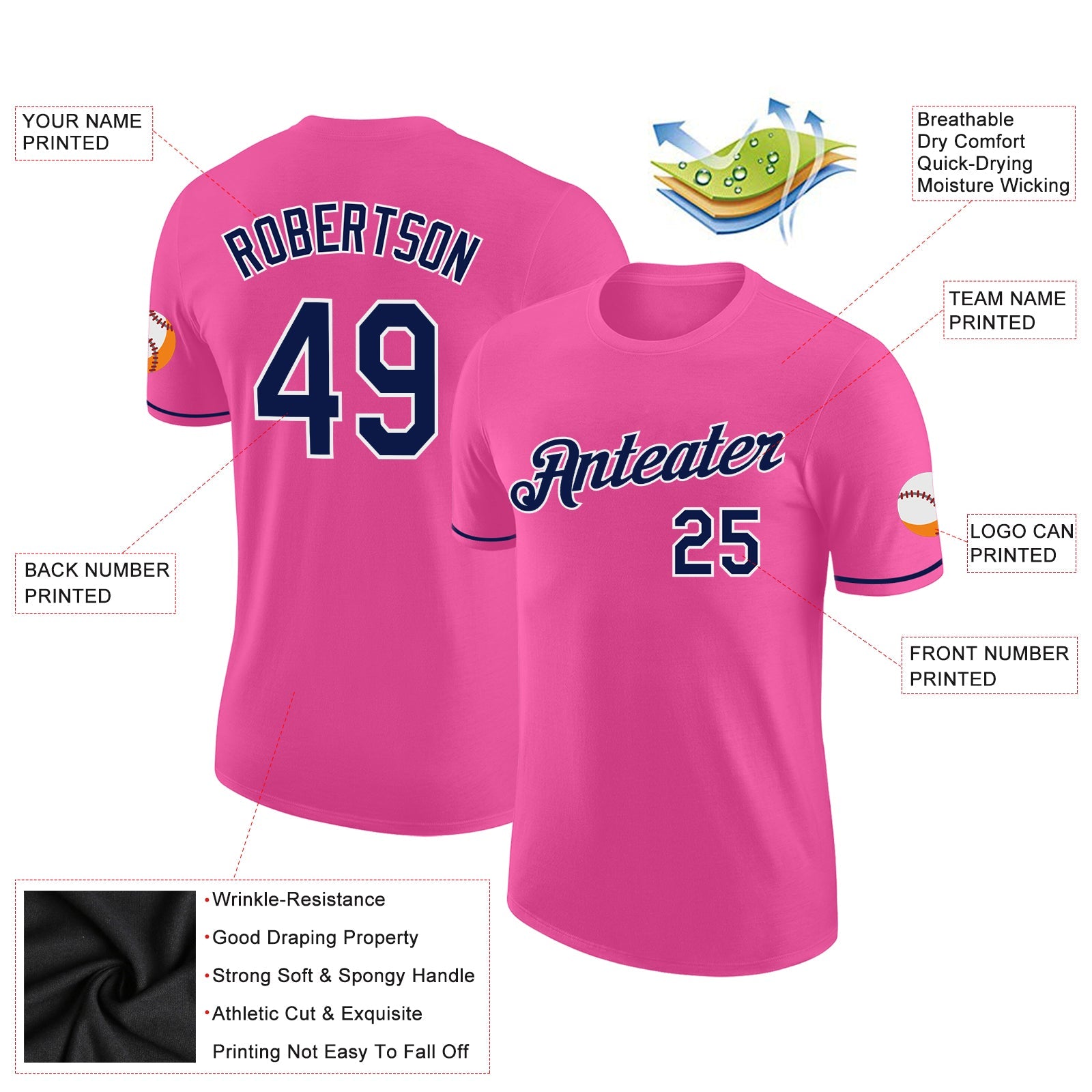 Custom Pink Navy-White Performance T-Shirt view 2