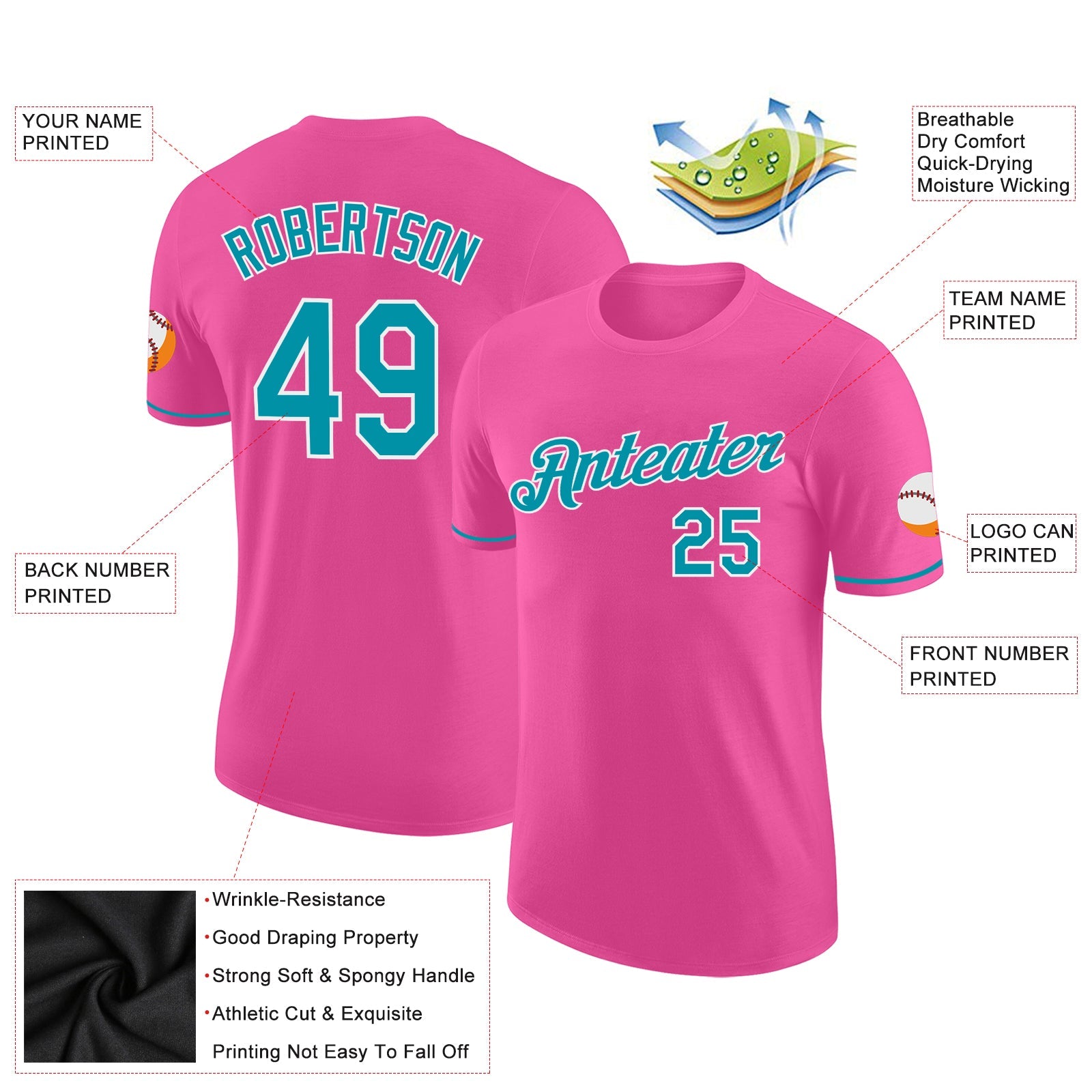 Custom Pink Teal-White Performance T-Shirt view 2