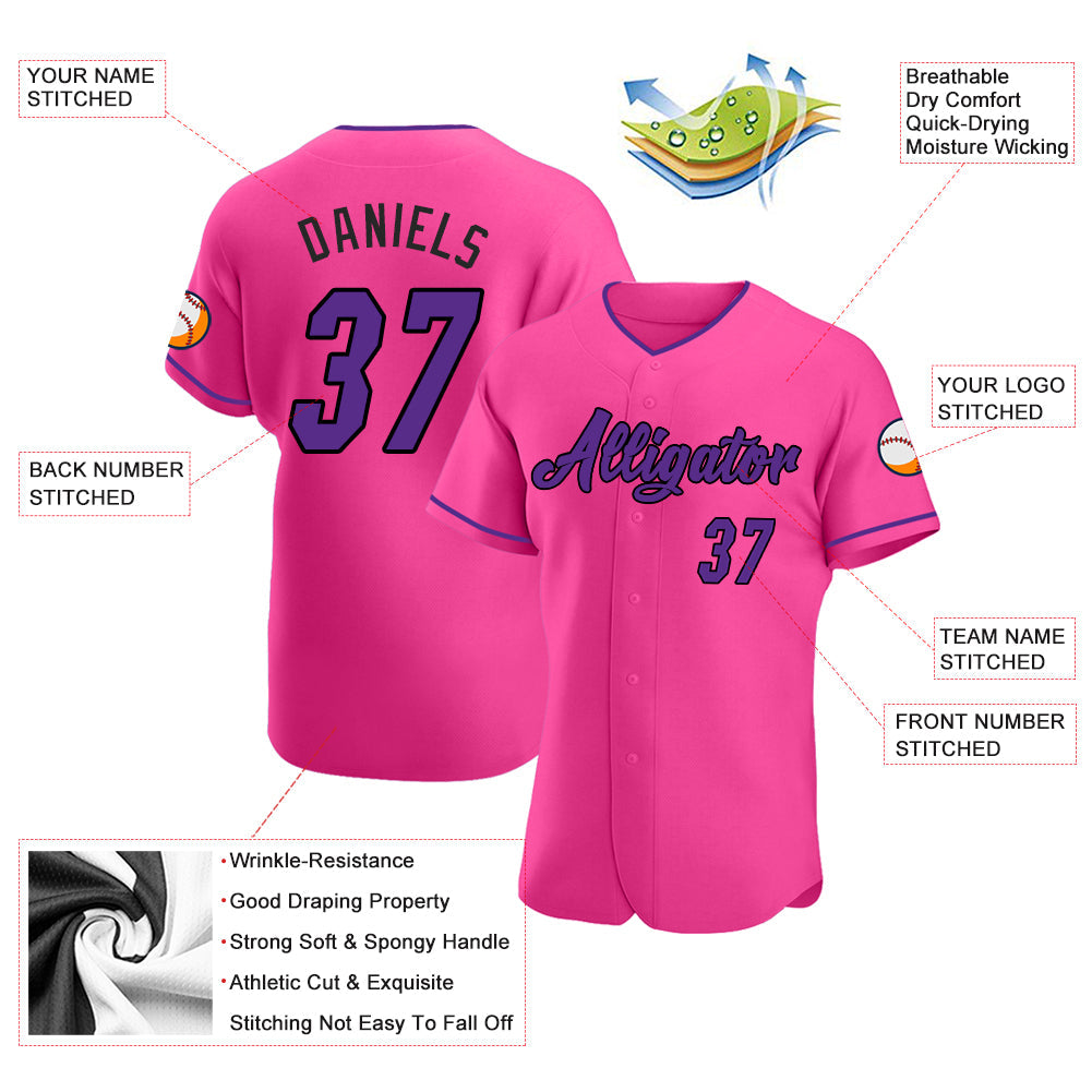 Custom Pink Purple-Black Authentic Baseball Jersey view 3