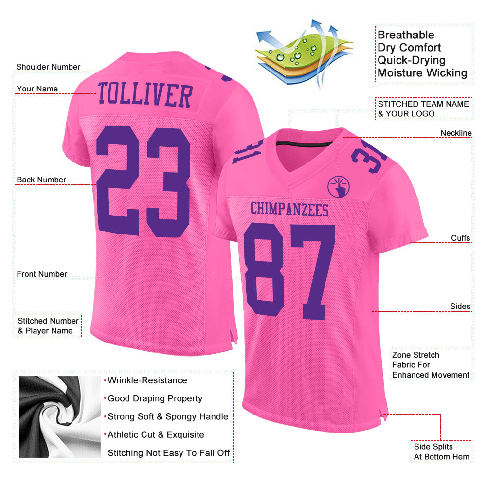 Custom Pink Purple Mesh Authentic Football Jersey view 2
