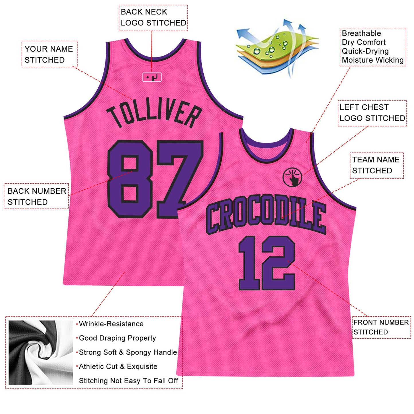 Custom Pink Purple-Black Authentic Throwback Basketball Jersey view 2
