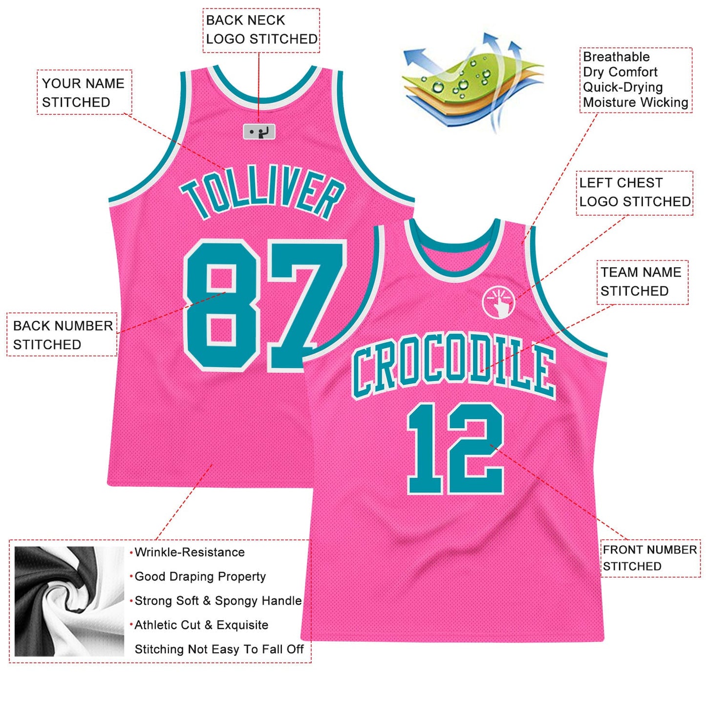 Custom Pink Teal-White Authentic Throwback Basketball Jersey view 2