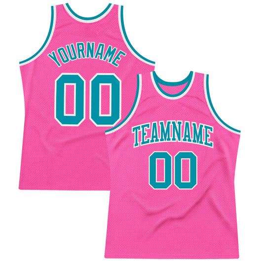 Custom Pink Teal-White Authentic Throwback Basketball Jersey - Main View