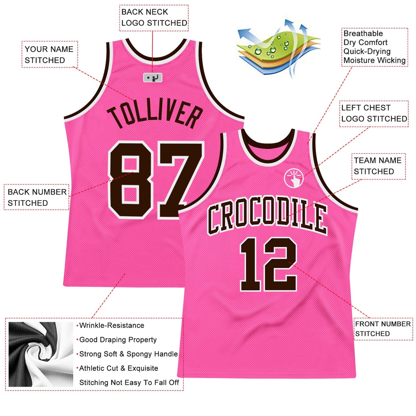 Custom Pink Brown-White Authentic Throwback Basketball Jersey view 2