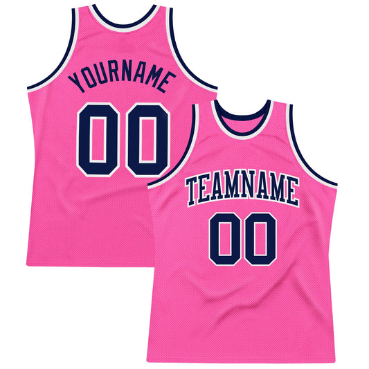 Custom Pink Navy-White Authentic Throwback Basketball Jersey - Main View