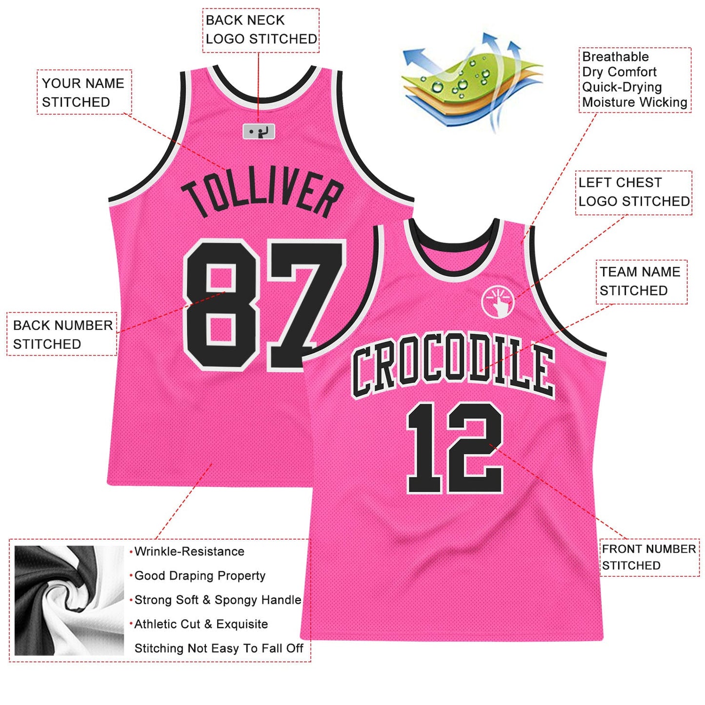 Custom Pink Black-White Authentic Throwback Basketball Jersey view 2