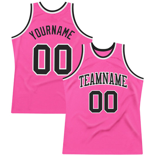 Custom Pink Black-White Authentic Throwback Basketball Jersey - Main View