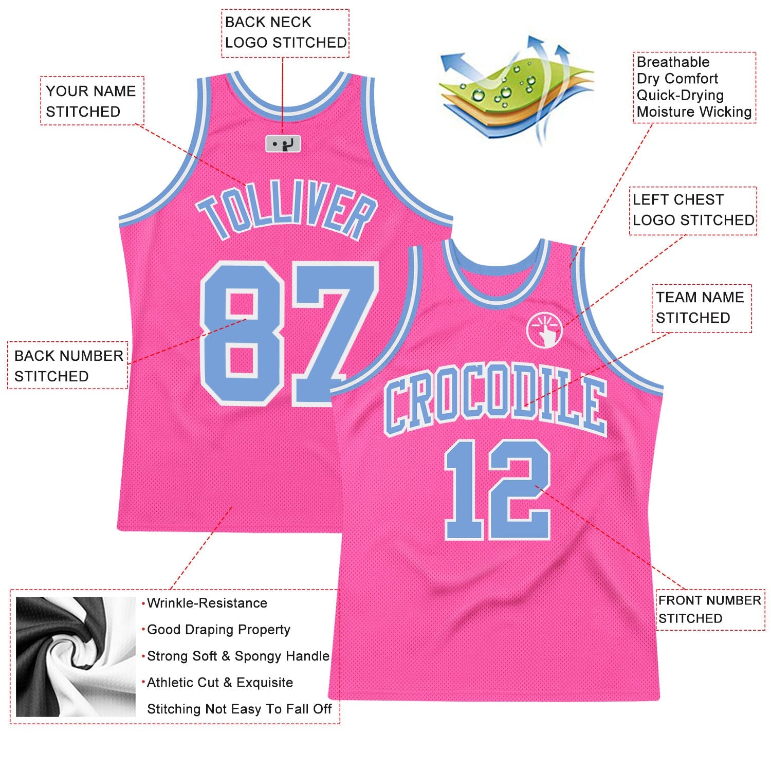 Custom Pink Light Blue-White Authentic Throwback Basketball Jersey view 2