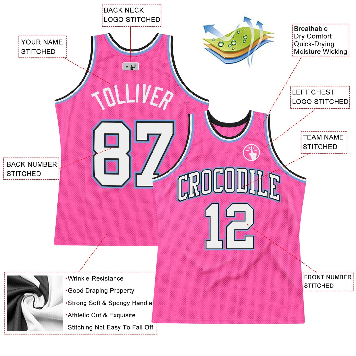 Custom Pink White Black-Light Blue Authentic Throwback Basketball Jersey view 2