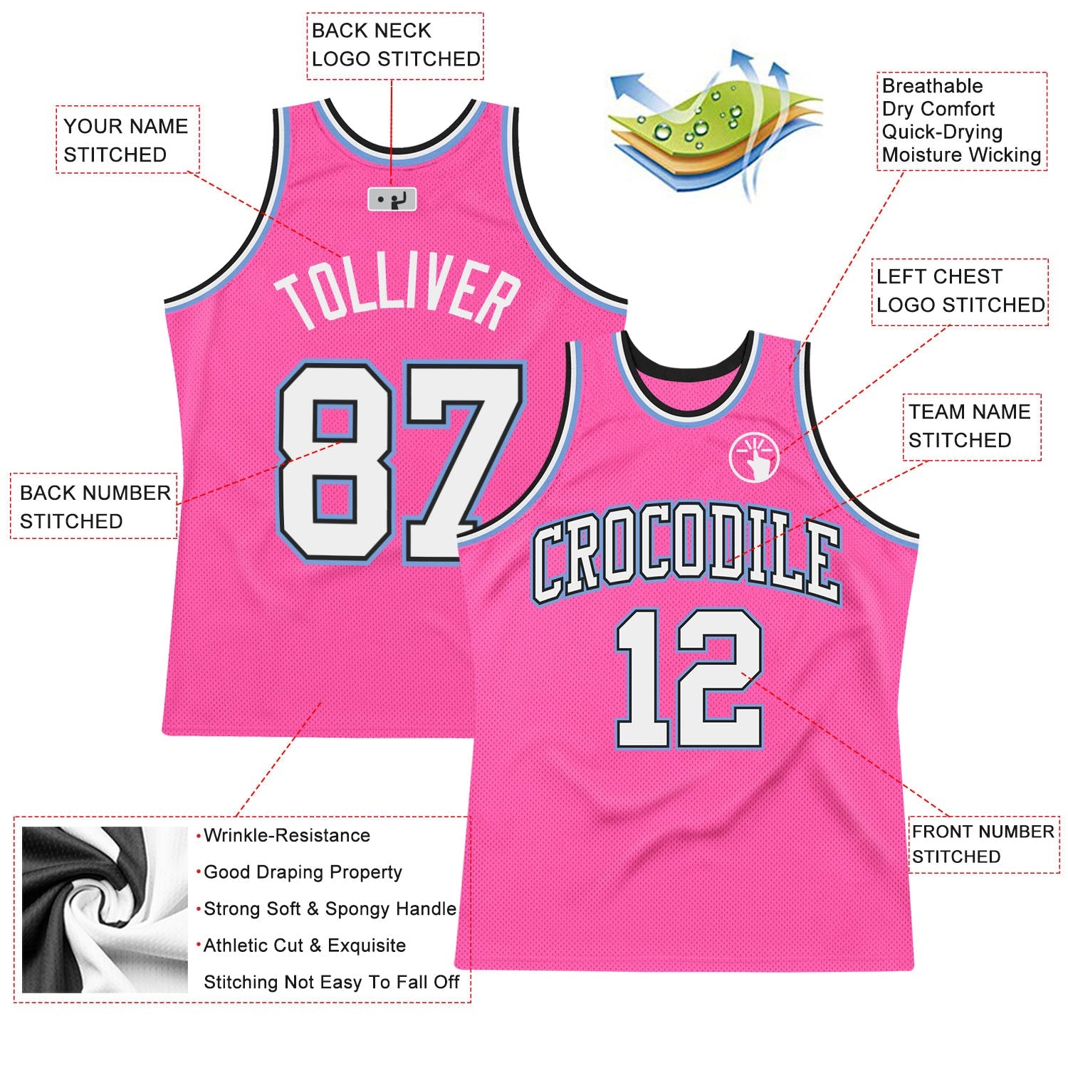 Custom Pink White Black-Light Blue Authentic Throwback Basketball Jersey view 2