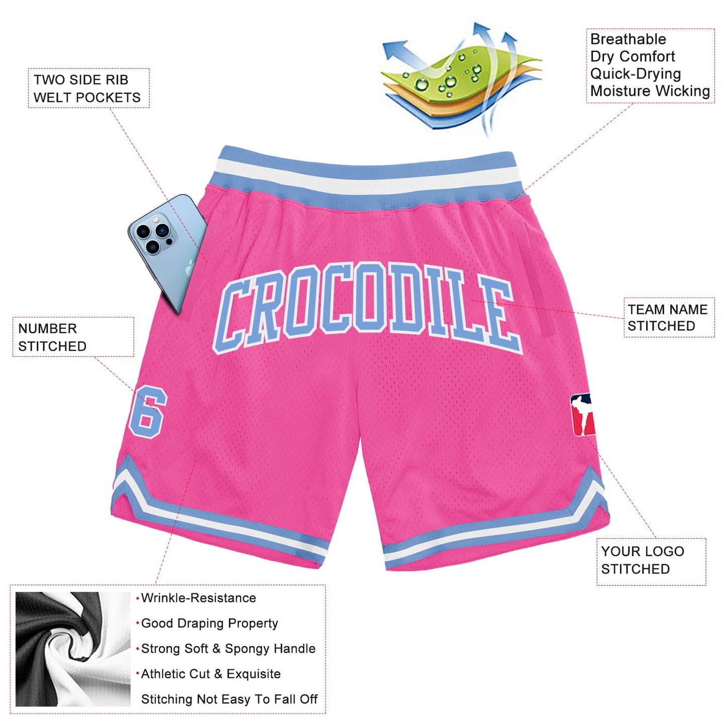 Custom Pink Light Blue-White Authentic Throwback Basketball Shorts view 2