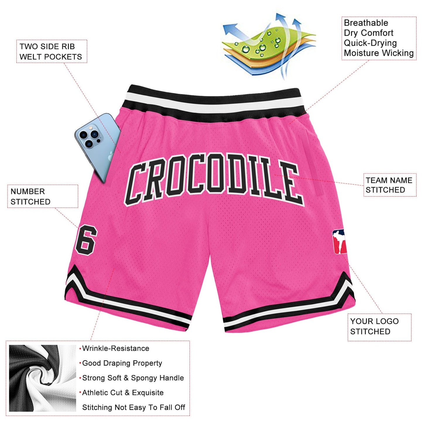 Custom Pink Black-White Authentic Throwback Basketball Shorts view 2