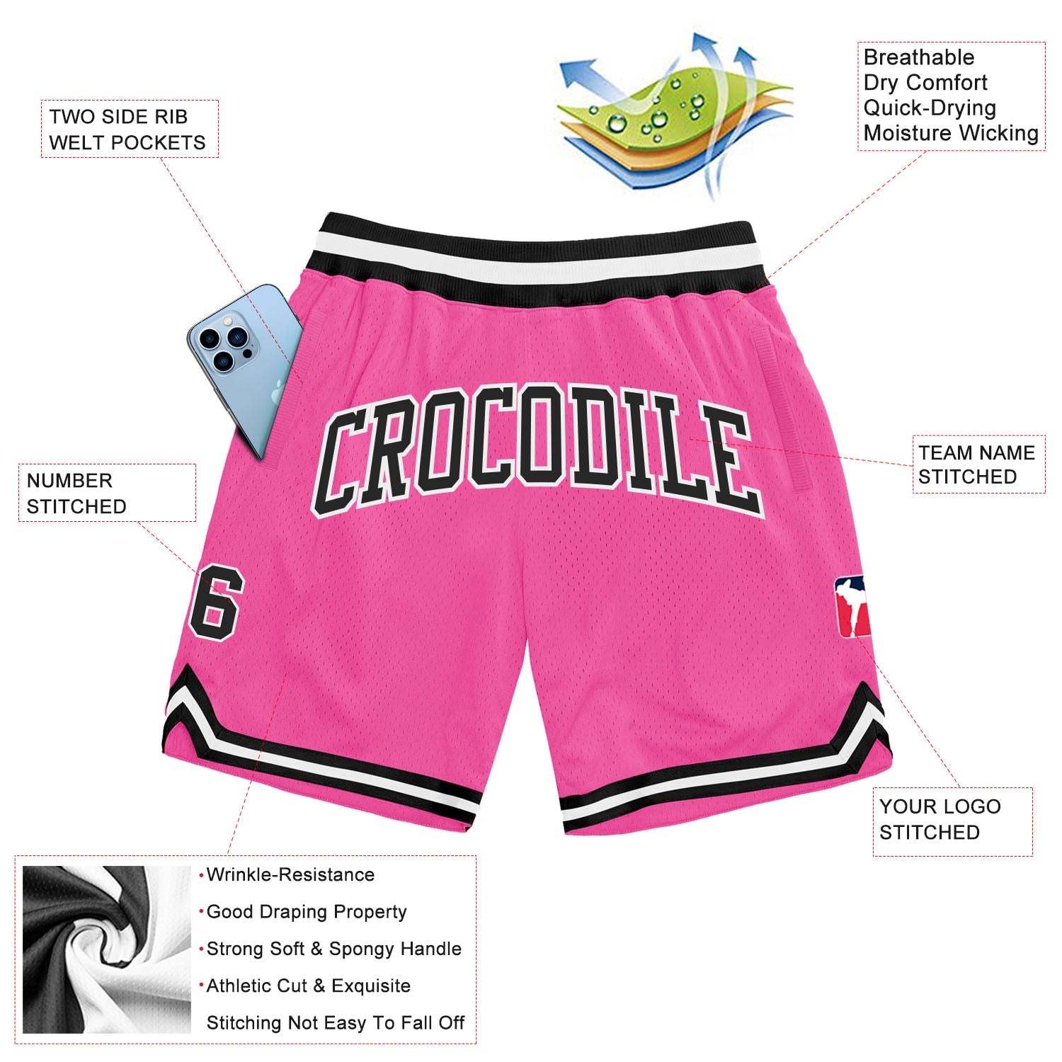Custom Pink Black-White Authentic Throwback Basketball Shorts view 2