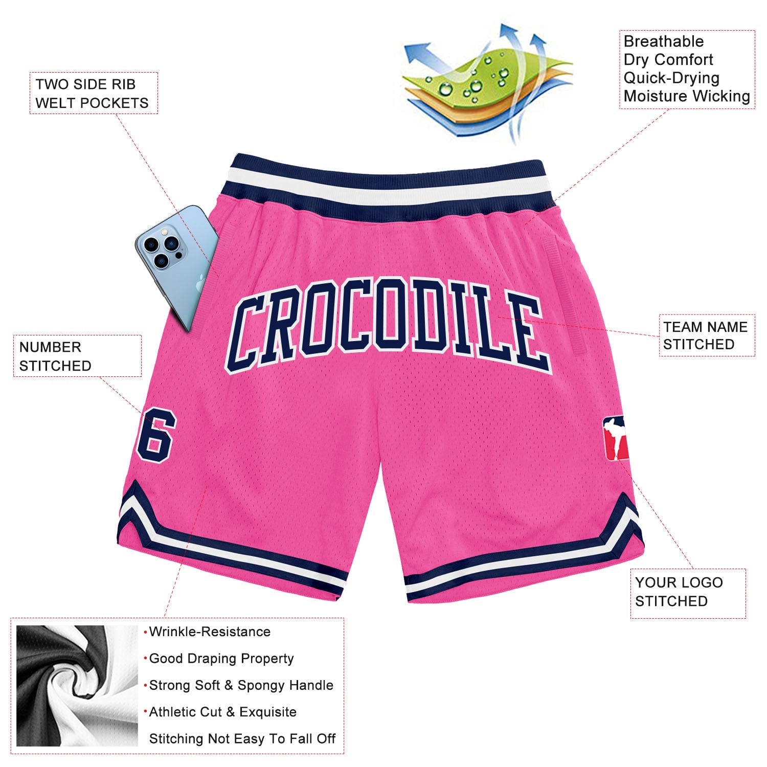 Custom Pink Navy-White Authentic Throwback Basketball Shorts view 2