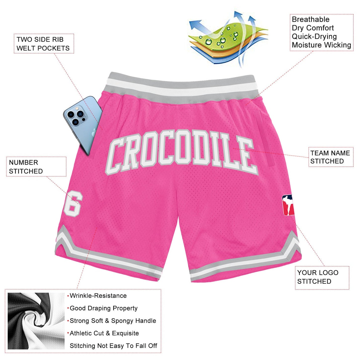Custom Pink White-Gray Authentic Throwback Basketball Shorts view 2
